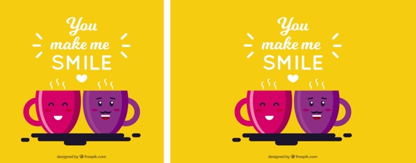 微笑的红色紫色咖啡杯黄色背景
