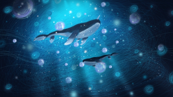 深海游泳的鲸鱼卡通背景