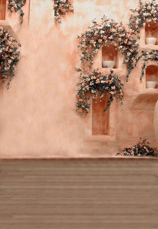 鲜花与淡粉色墙壁影楼摄影背景图片