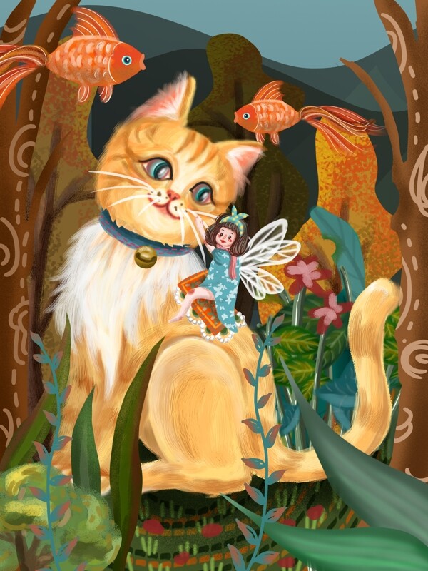 猫之日猫咪女孩金鱼森林幻想创意色彩小精灵