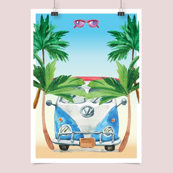 水彩绘夏天旅行海报背景