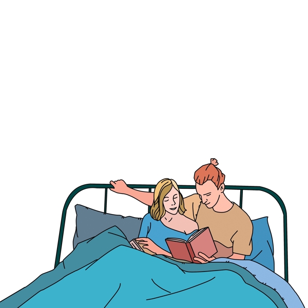 彩绘在床上一起看书的情侣