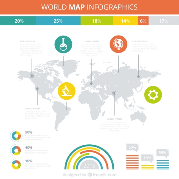 手绘世界地图信息图表矢量素材