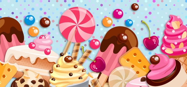 淘宝矢量卡通精美甜品棒棒糖蛋糕彩色海报
