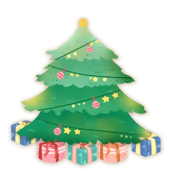 手绘圣诞树和一堆礼物设计