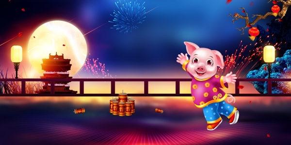 2019猪年新年夜海报背景素材