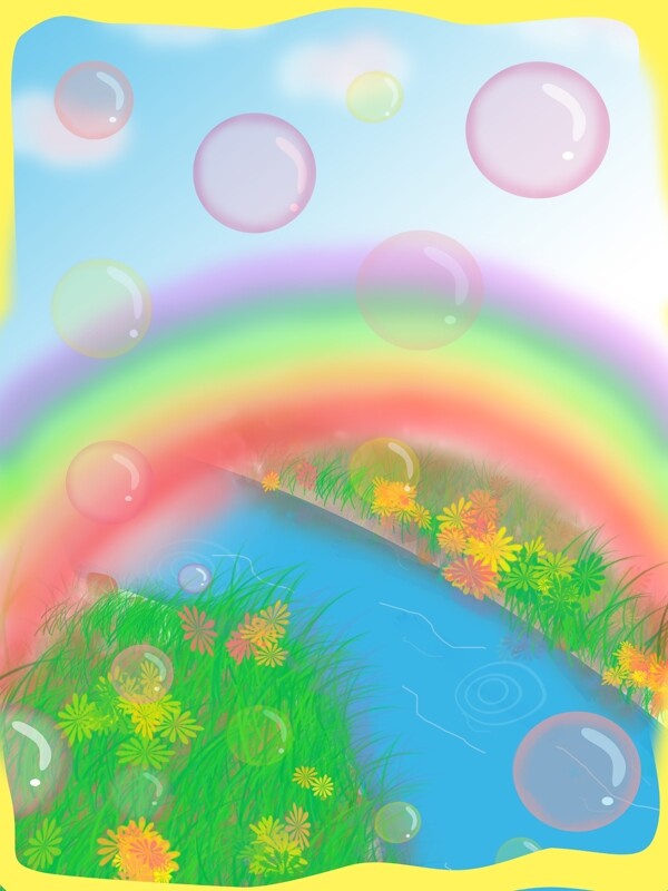 彩虹下的彩色泡泡免抠图背景边框素材
