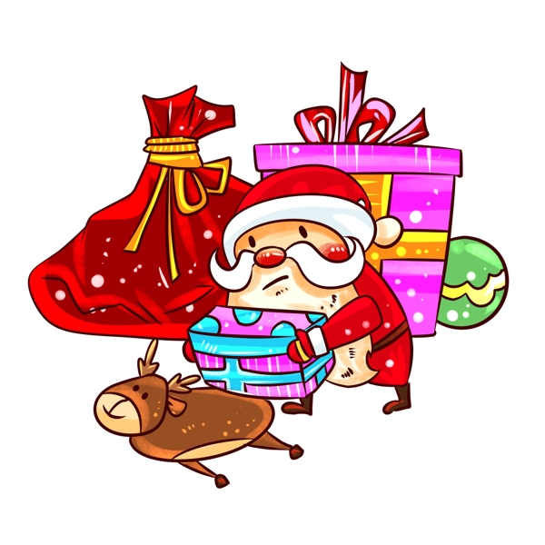圣诞节圣诞老人麋鹿礼物堆手绘插画