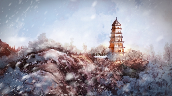 中国风雪中的宝塔山