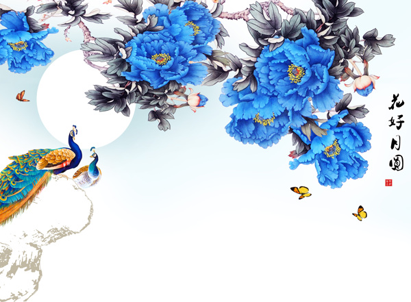 蓝色花卉孔雀背景墙