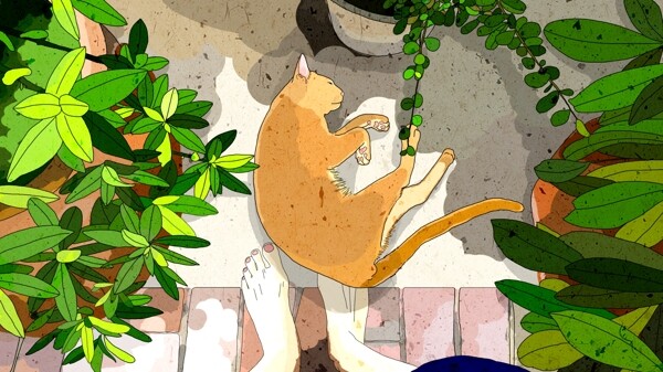 院子里的睡觉的小猫绿色植物卡通背景