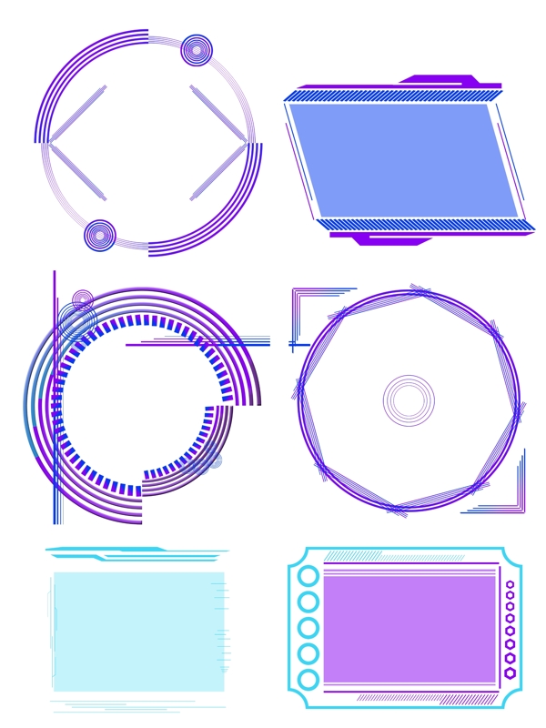 科技边框紫色蓝色几何形状成组六个分图层