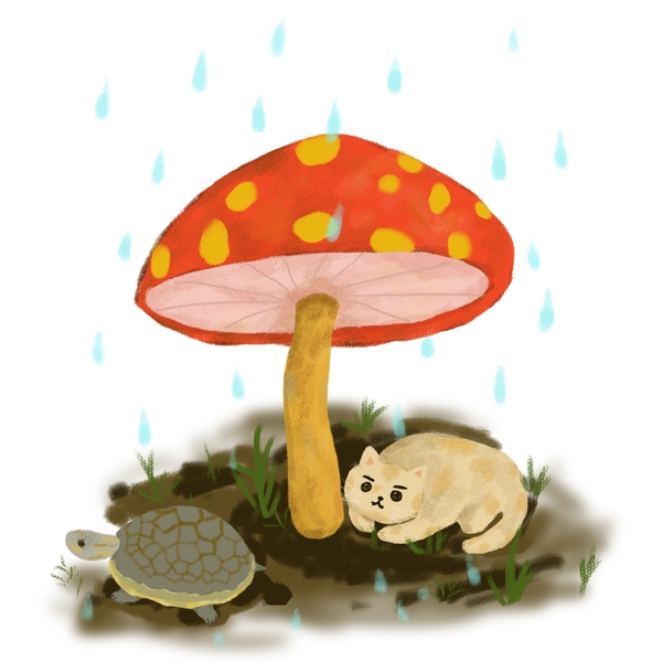 手绘雨中大蘑菇下的小动物元素