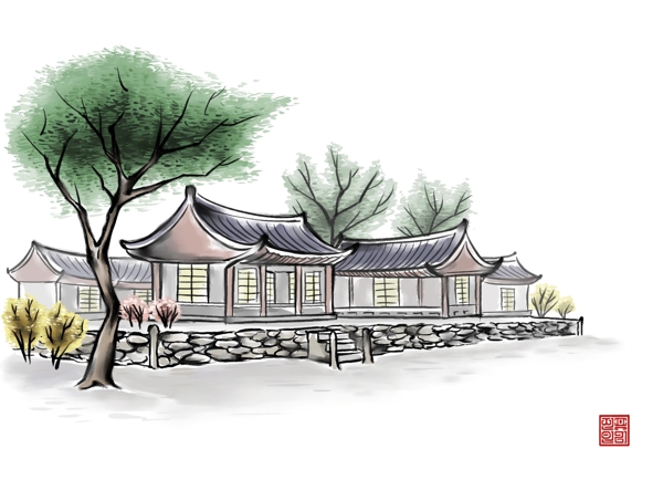 HanMaker韩国设计素材库背景水墨绘画房屋