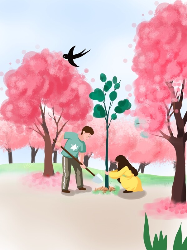 3月12植树节劳动花春日背景