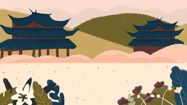 中国古代建筑彩色花叶卡通背景