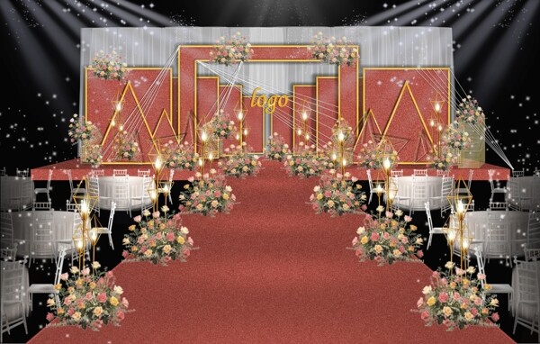 红金色质感创意几何婚礼舞台效果图