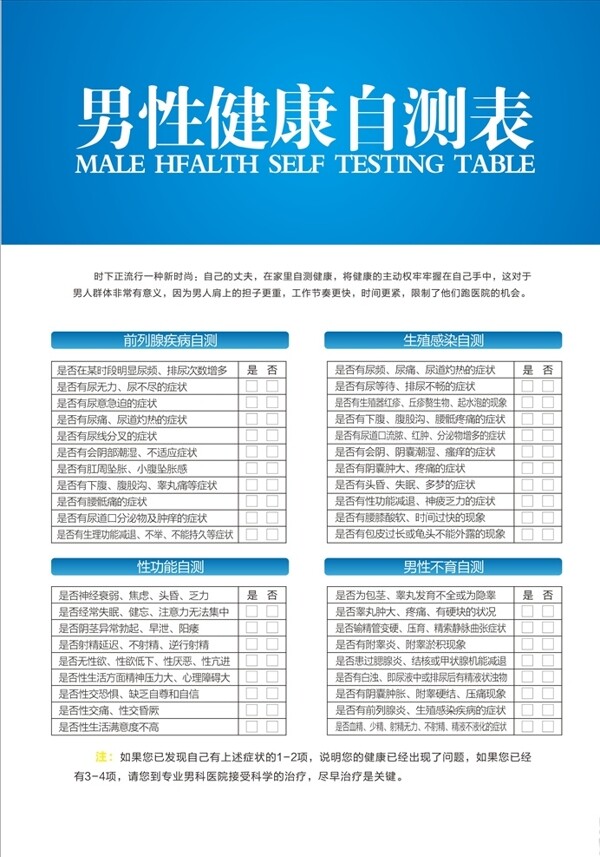 男性健康自测表