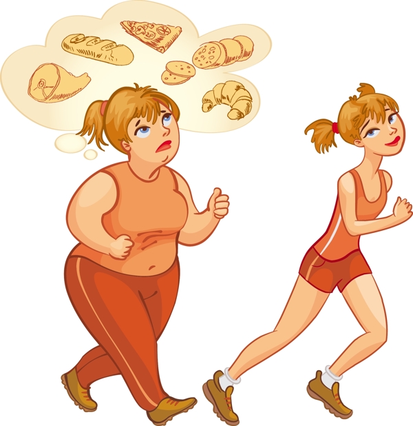 跑步的胖瘦女人插画