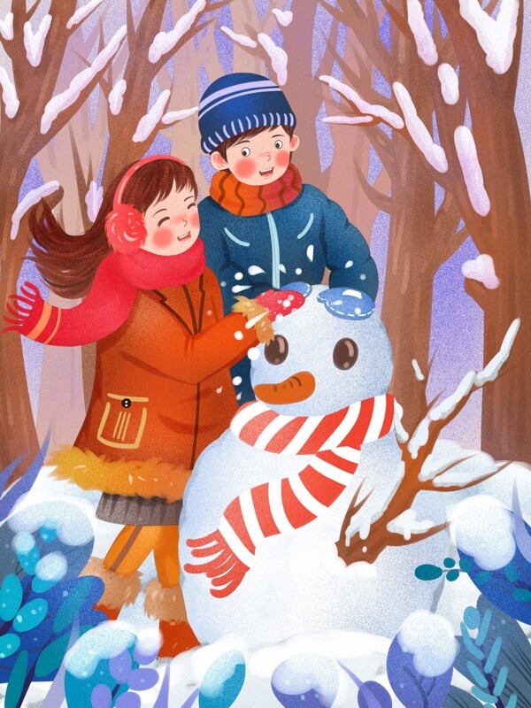 情侣冬季日常户外一起堆雪人清新噪点插画