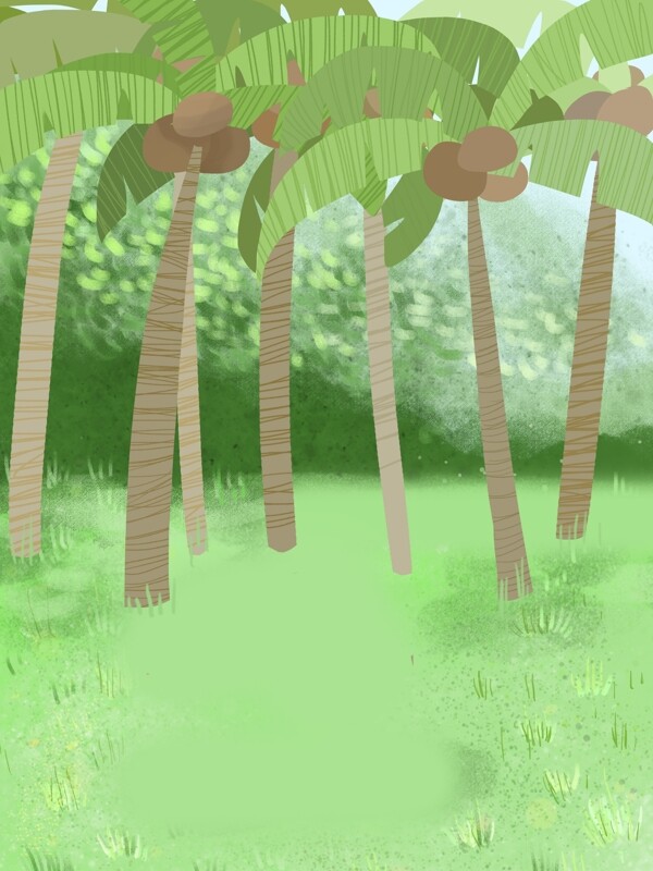 清新风绿色椰子树插画背景