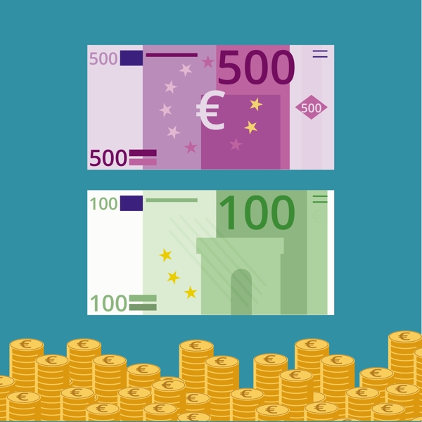 平板欧元纸币和硬币