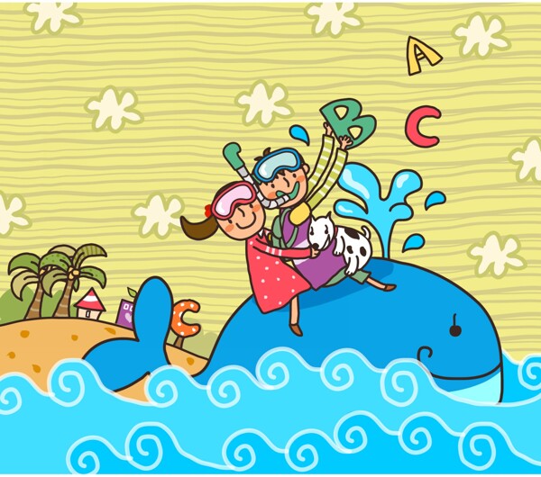 骑鲸鱼的卡通儿童插画