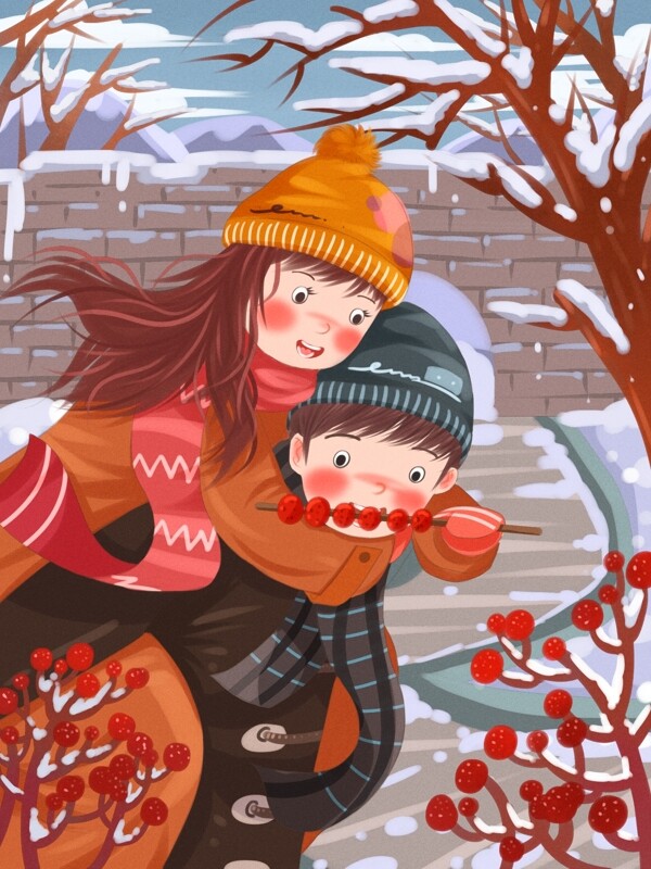 情侣冬季日常男生背着女生吃糖葫芦扁平插画
