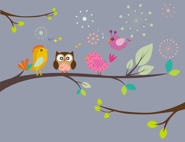 鸟类唱歌树背景彩色插图风格自由向量
