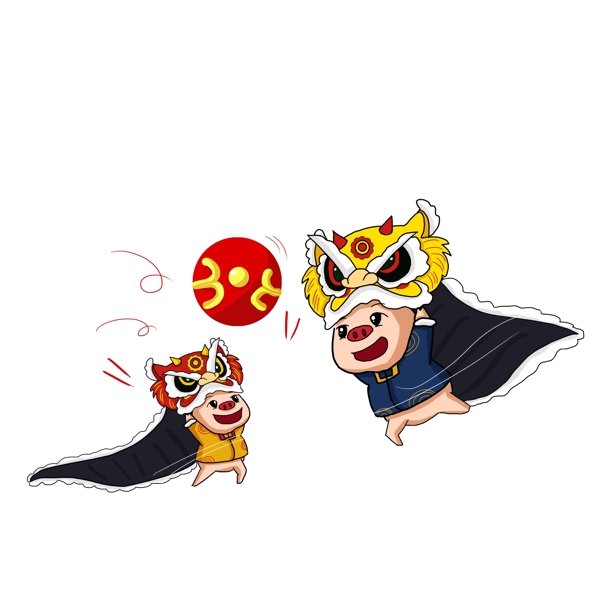 中国风舞狮猪猪彩绘素材
