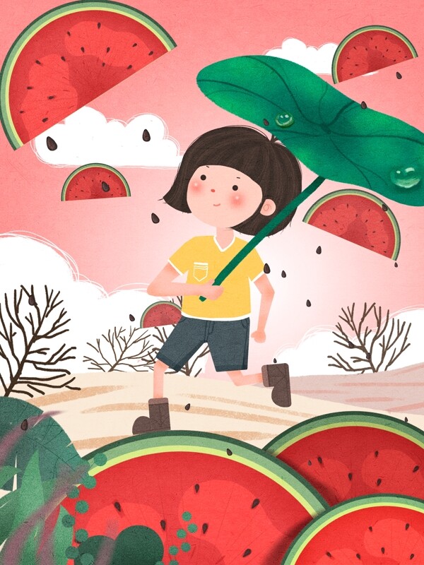创意水果插画西瓜小女孩打着伞奔跑