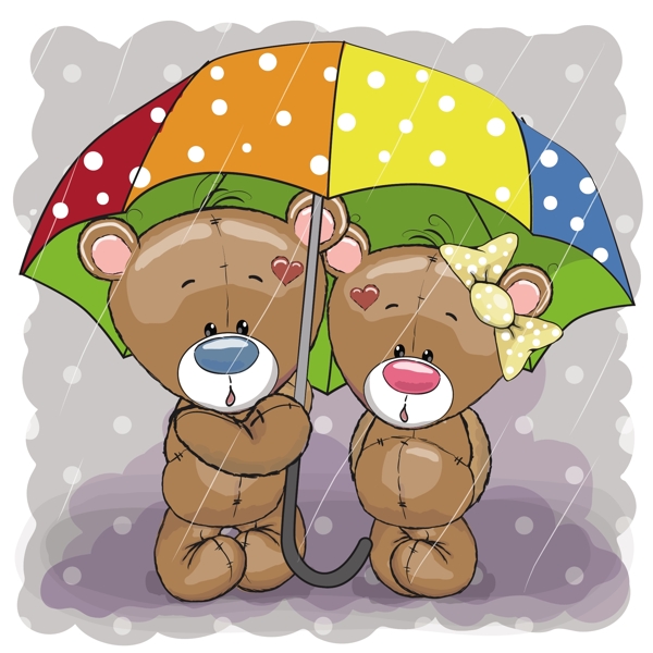 雨中打伞的两只小熊