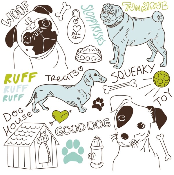 我喜欢狗向量的涂鸦集