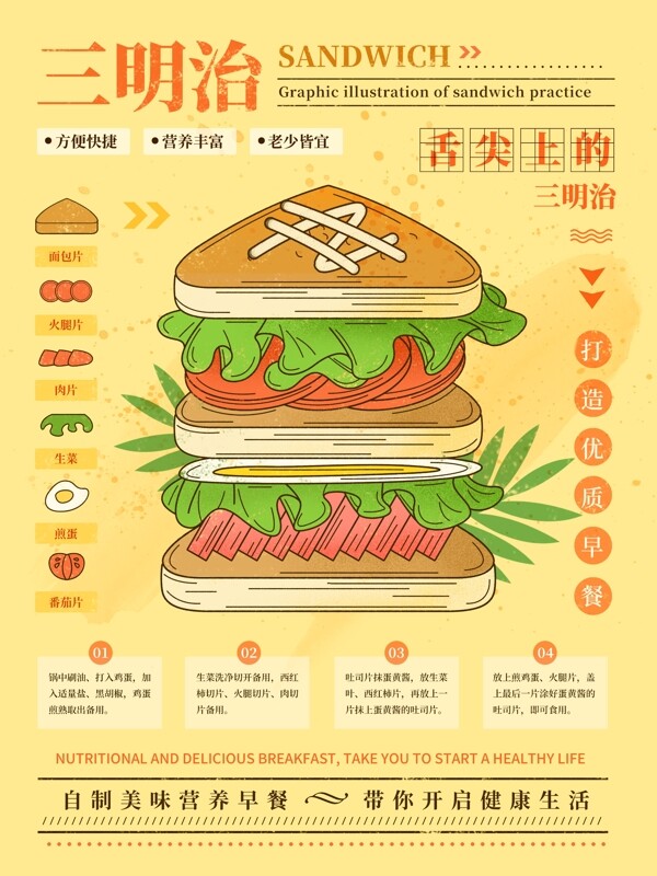 三明治营养早看健康美味手绘插画海报