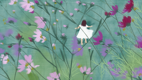 花丛中的女孩手绘插画