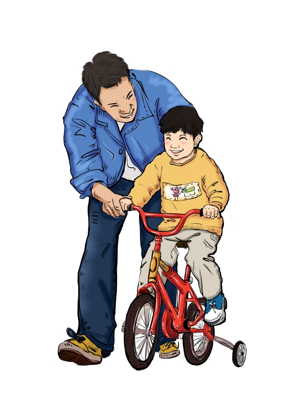 父亲节手绘卡通形象父子骑自行车元素