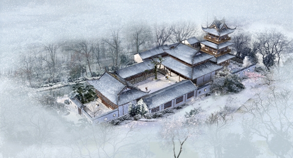 古建筑雪景设计图片