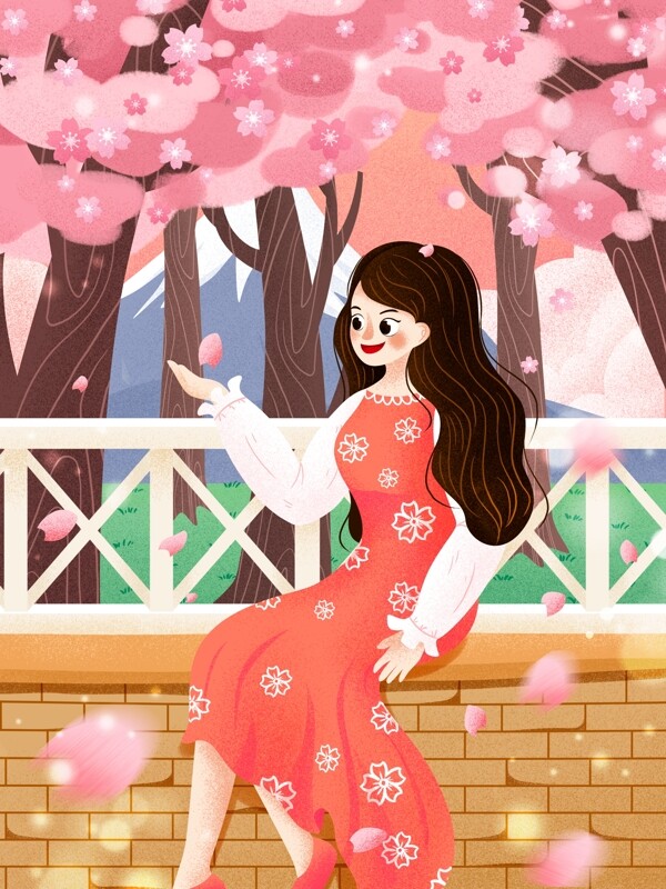 唯美日本樱花季樱花树下坐着女孩插画
