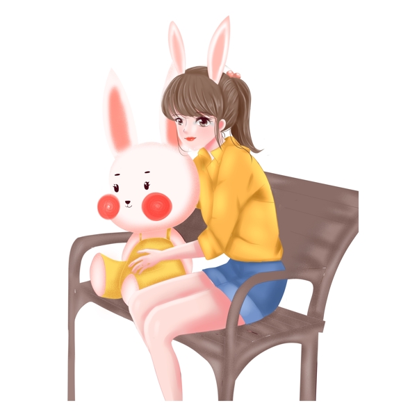 手绘可爱女孩和兔子png素材