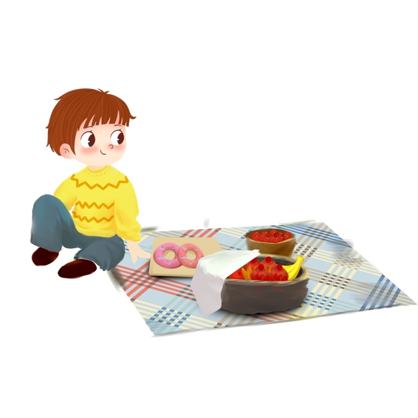 卡通手绘春天野餐的小男孩