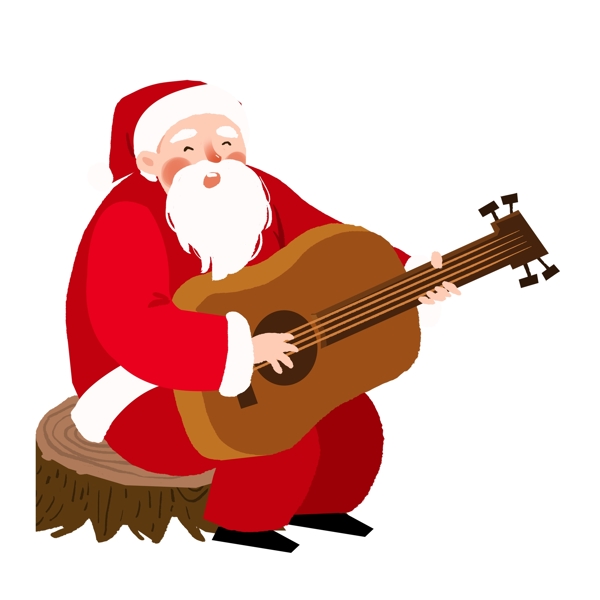 卡通圣诞节坐在树桩上弹吉他的圣诞老人