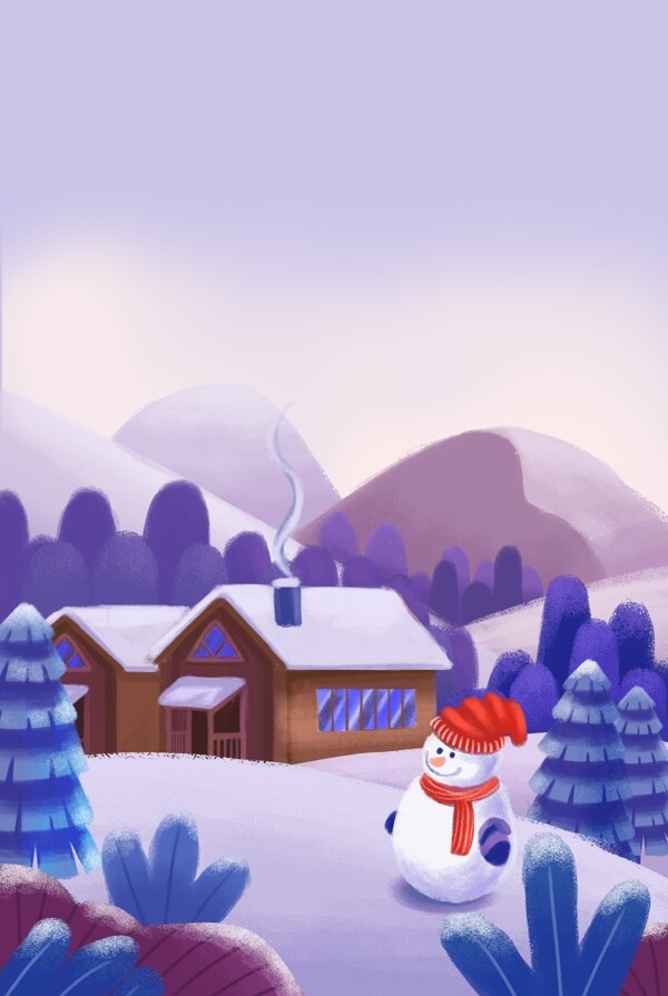 手绘圣诞节冬季山林小屋雪人雪景图片