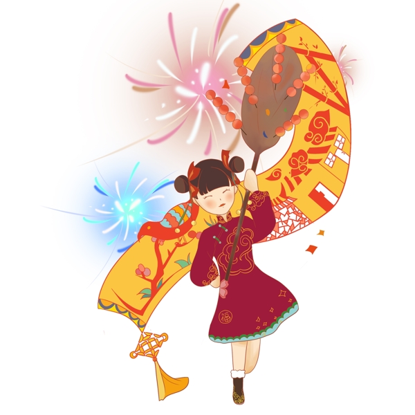 春节腊月猪年装饰少女糖葫芦剪纸烟火农历新年PNG