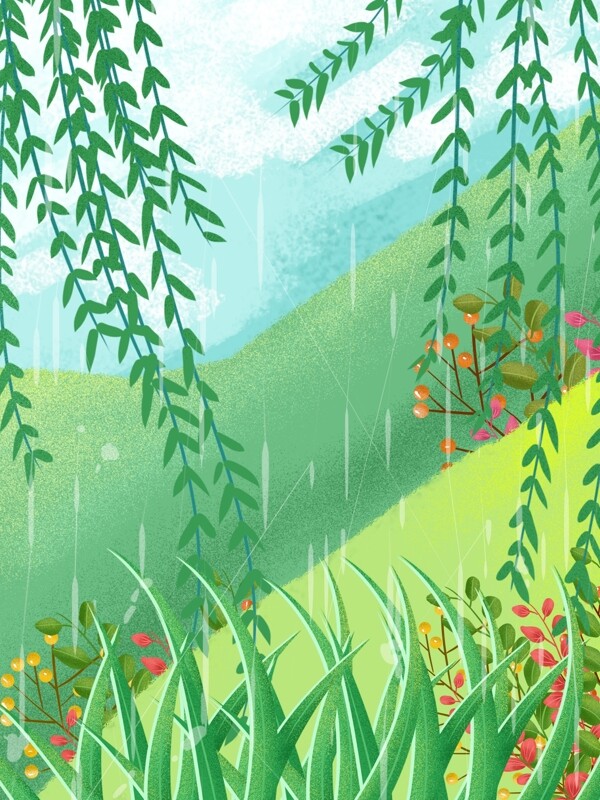 清新夏季下雨柳条草丛背景素材