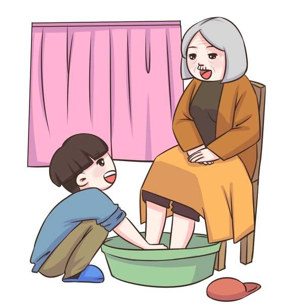 感恩节给妈妈洗脚人物插画