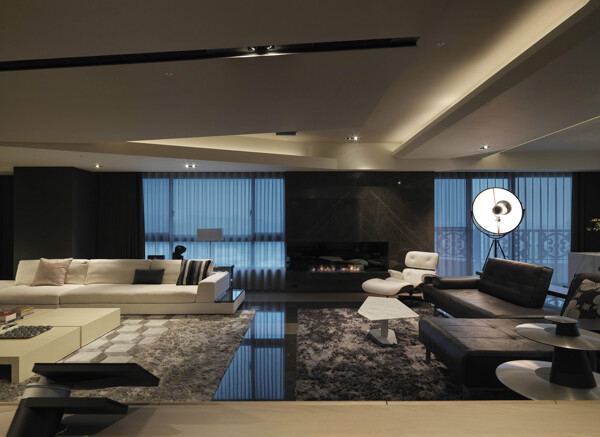 现代时尚客厅黑色亮面地板室内装修效果图
