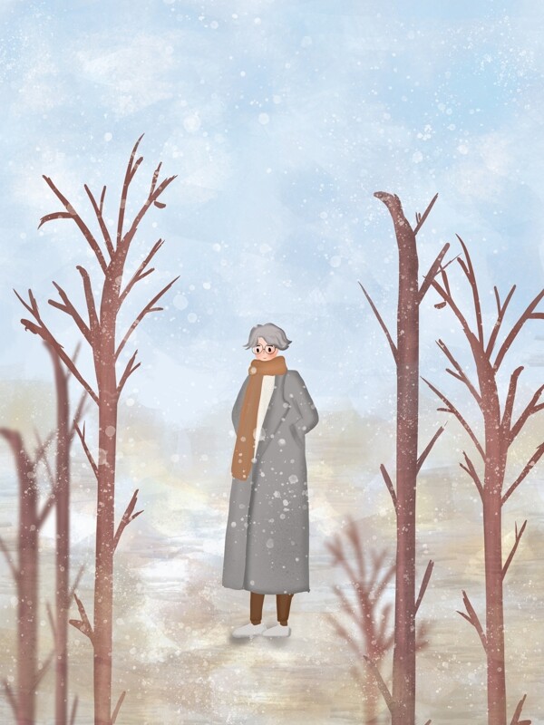 手绘枯树下的女孩大寒节气背景素材
