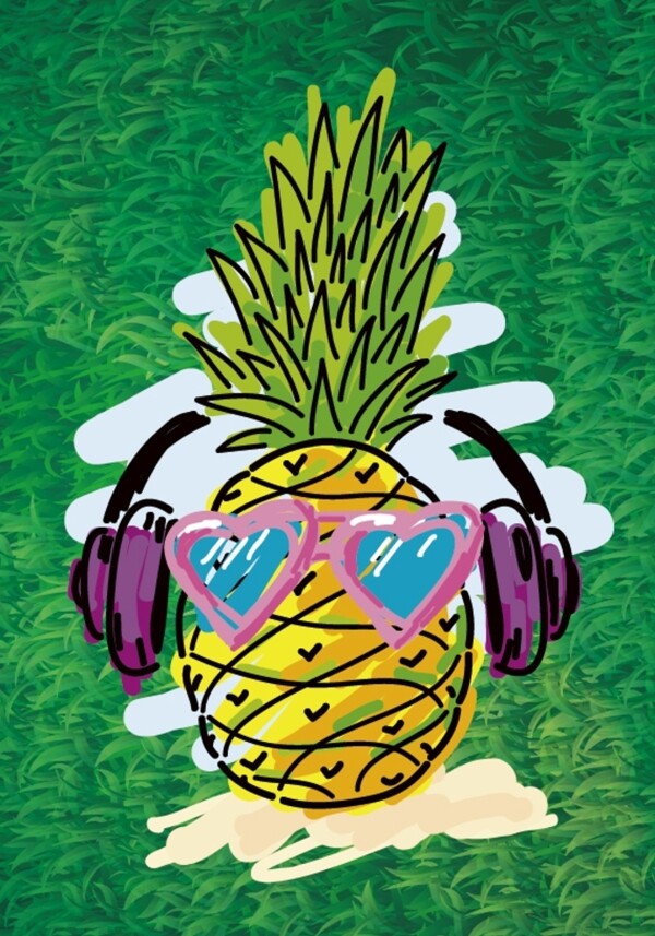 带耳塞听音乐的菠萝