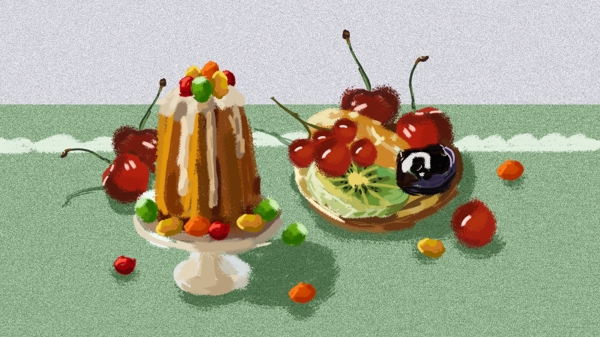 甜点厨房美食蛋糕水果小清新插画