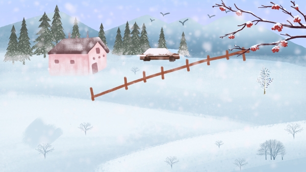 浪漫冬季雪山村庄雪景背景设计